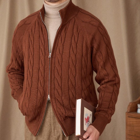 Men's Winter Pure Cotton Knitted British Thickened Heavy Weight Twisted Double Zipper Cardigan - PratSN