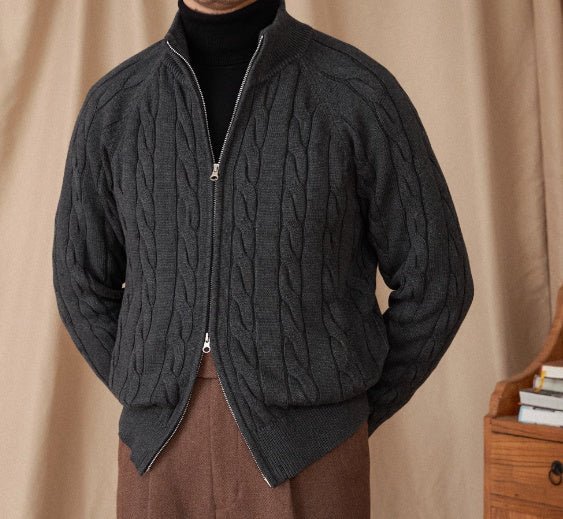 Men's Winter Pure Cotton Knitted British Thickened Heavy Weight Twisted Double Zipper Cardigan - PratSN