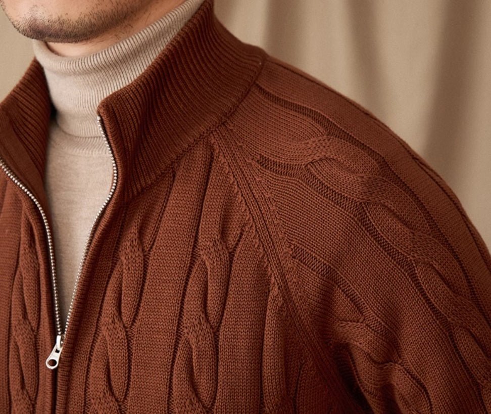Men's Winter Pure Cotton Knitted British Thickened Heavy Weight Twisted Double Zipper Cardigan - PratSN