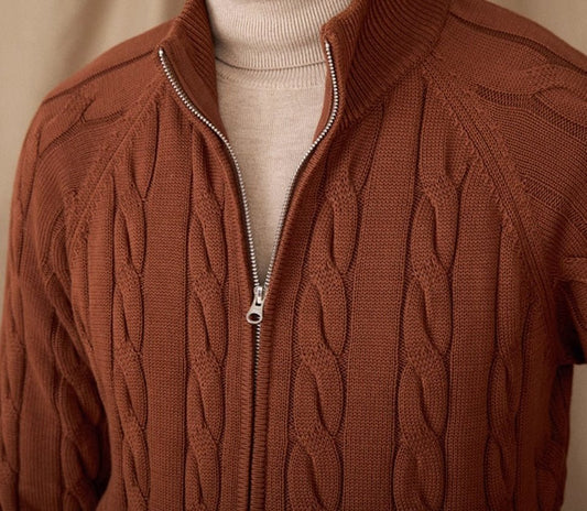 Men's Winter Pure Cotton Knitted British Thickened Heavy Weight Twisted Double Zipper Cardigan - PratSN
