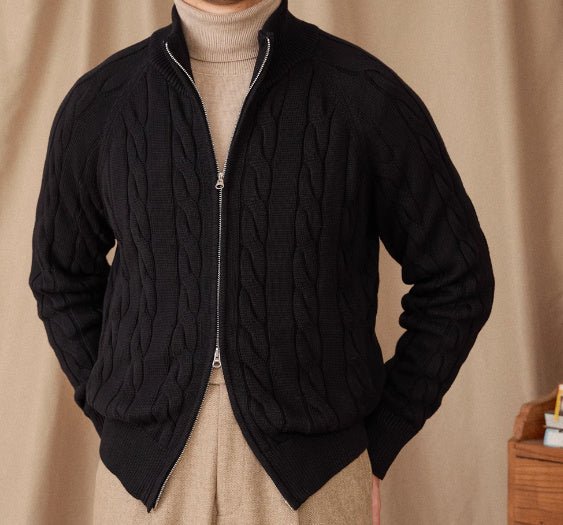 Men's Winter Pure Cotton Knitted British Thickened Heavy Weight Twisted Double Zipper Cardigan - PratSN