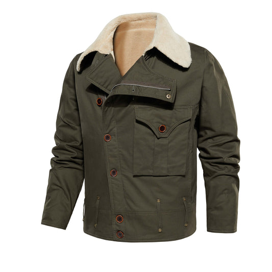 Men's Work Jacket With Multiple Pockets, Collared, Thickened, Autumn & Winter Warm Outerwear - PratSN