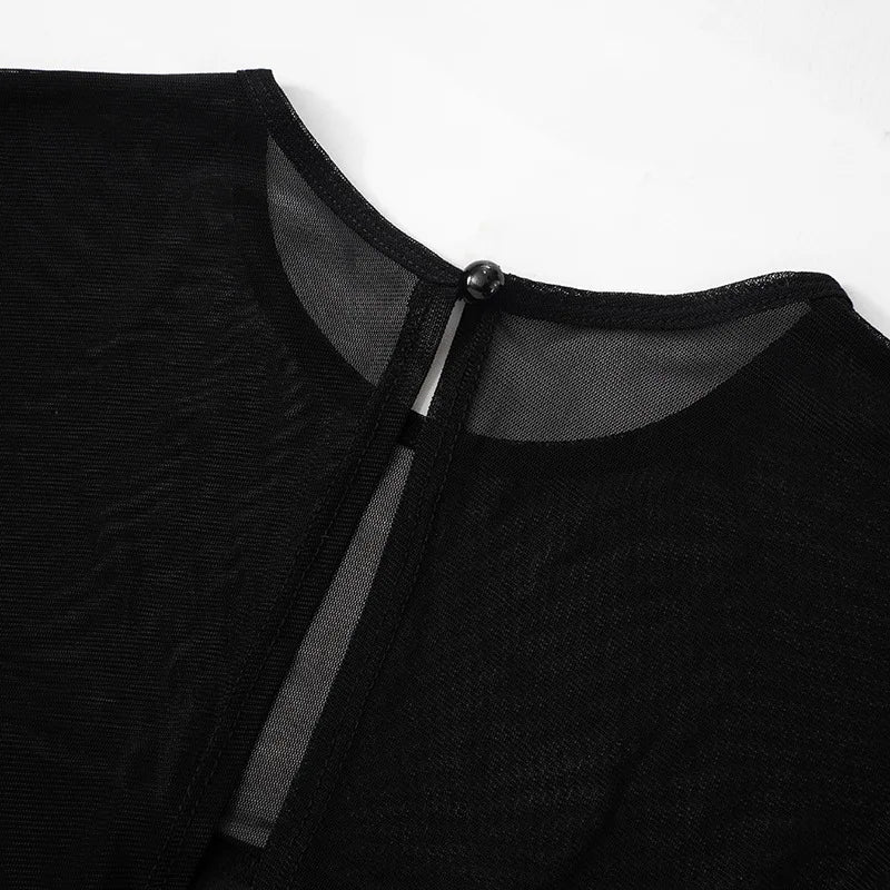 Mesh Splice Short Sleeveless Dress round Neck Long Sleeve Bodycon Dress Autumn New Arrival Cross - Border European And American - PratSN