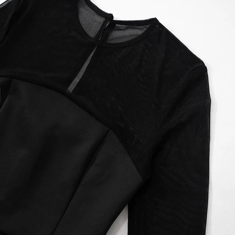 Mesh Splice Short Sleeveless Dress round Neck Long Sleeve Bodycon Dress Autumn New Arrival Cross - Border European And American - PratSN