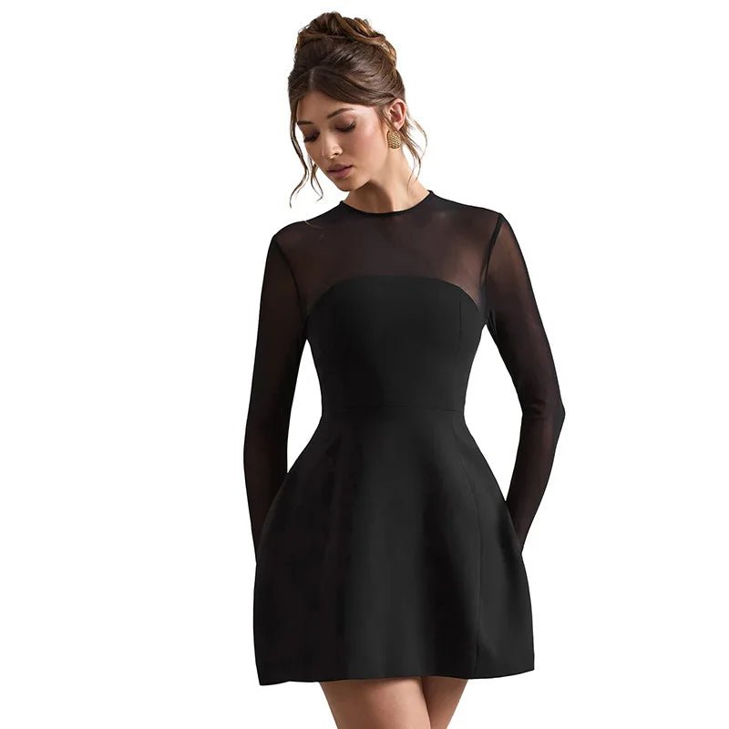 Mesh Splice Short Sleeveless Dress round Neck Long Sleeve Bodycon Dress Autumn New Arrival Cross - Border European And American - PratSN