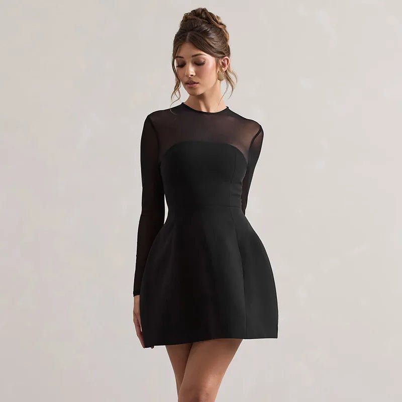 Mesh Splice Short Sleeveless Dress round Neck Long Sleeve Bodycon Dress Autumn New Arrival Cross - Border European And American - PratSN