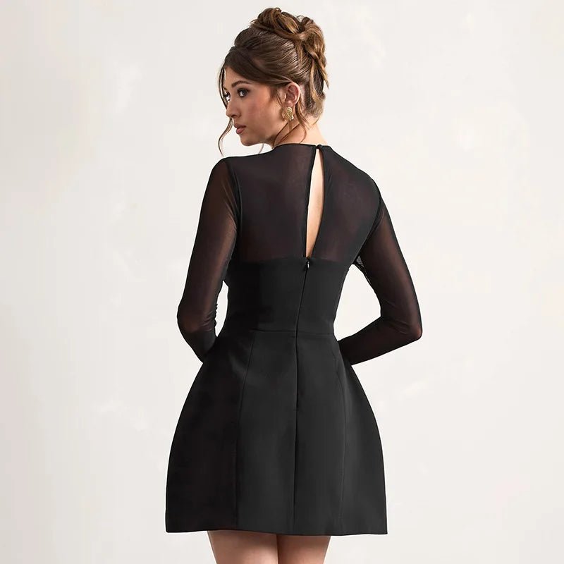 Mesh Splice Short Sleeveless Dress round Neck Long Sleeve Bodycon Dress Autumn New Arrival Cross - Border European And American - PratSN