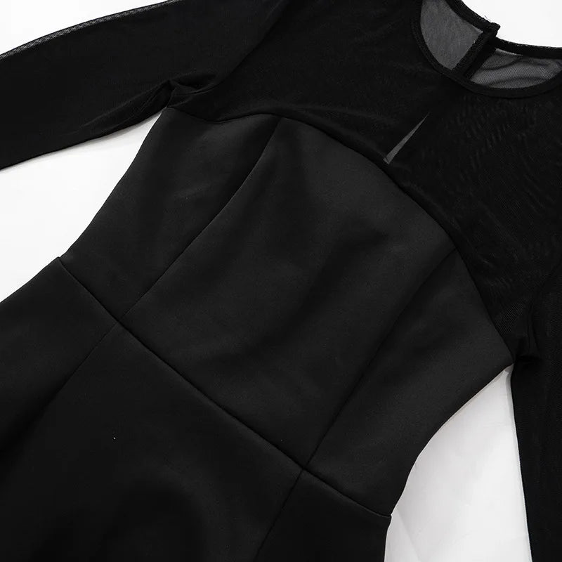 Mesh Splice Short Sleeveless Dress round Neck Long Sleeve Bodycon Dress Autumn New Arrival Cross - Border European And American - PratSN