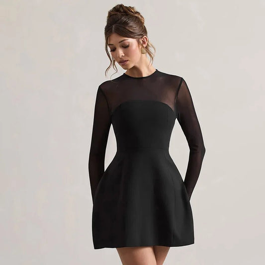 Mesh Splice Short Sleeveless Dress round Neck Long Sleeve Bodycon Dress Autumn New Arrival Cross - Border European And American - PratSN