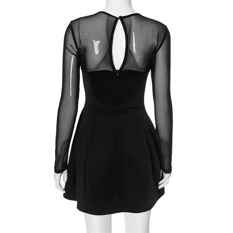 Mesh Splice Short Sleeveless Dress round Neck Long Sleeve Bodycon Dress Autumn New Arrival Cross - Border European And American - PratSN