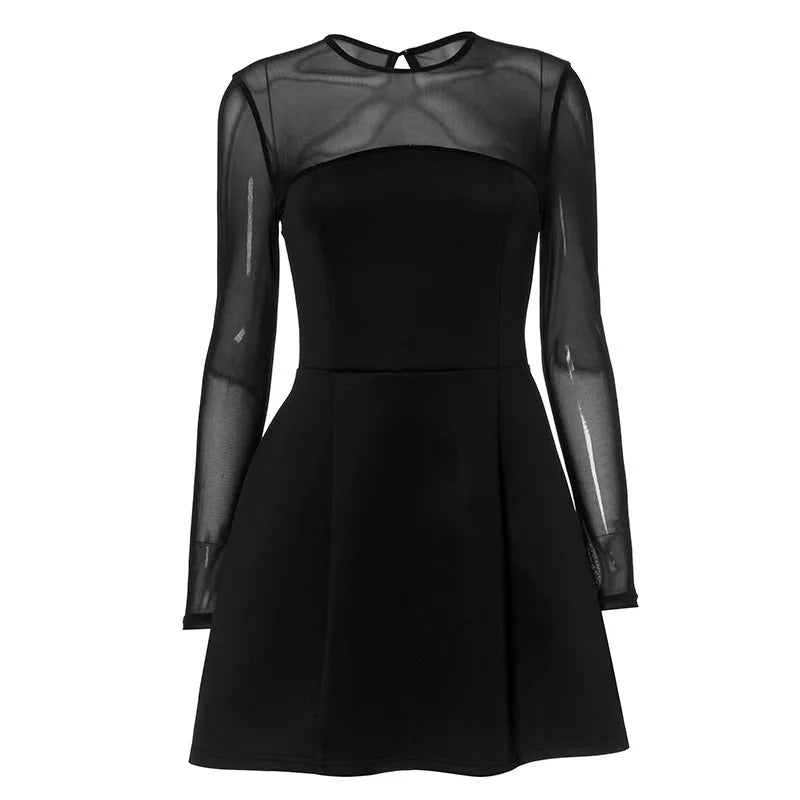 Mesh Splice Short Sleeveless Dress round Neck Long Sleeve Bodycon Dress Autumn New Arrival Cross - Border European And American - PratSN