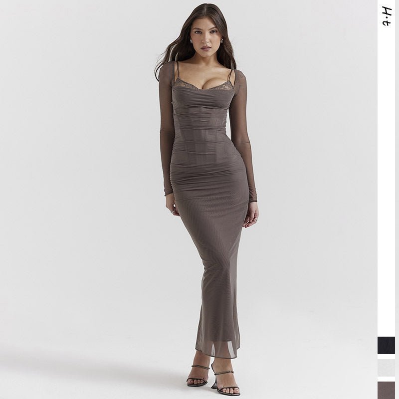 Mesh Stitching Lace Mid - length Dress - PratSN