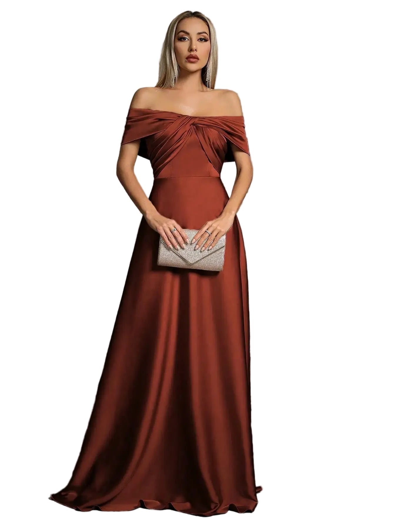 Mgiacy Line neck irregular cross pleated satin gown ball dress Party dress bridesmaid dress - PratSN