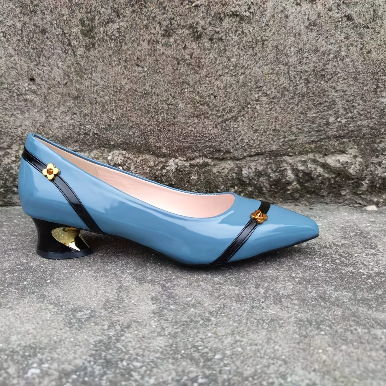 Mid Heel Mary - Jane Pointed Toe Shoes - Lightweight, Synthetic Leather, Rubber Sole, Versatile, Solid Color, Block Heel, Slip - On Design for Casual Style - All - Season Fall Wear - PratSN