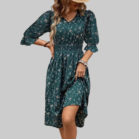 Mid Length Dress Waist Pullover Bohemian Printed Lantern Half Sleeve Floral Fragmented Flower Dress Beach Summer Green V Neck - PratSN