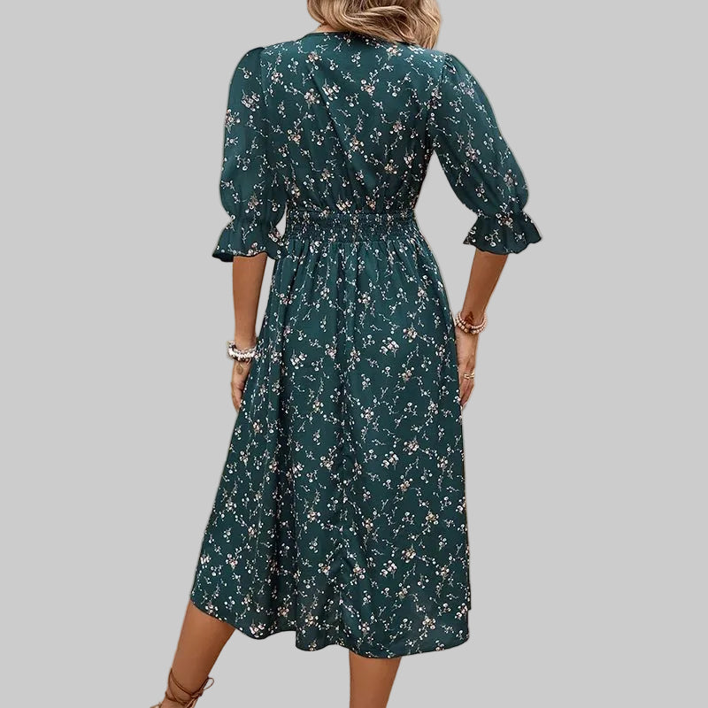 Mid Length Dress Waist Pullover Bohemian Printed Lantern Half Sleeve Floral Fragmented Flower Dress Beach Summer Green V Neck - PratSN