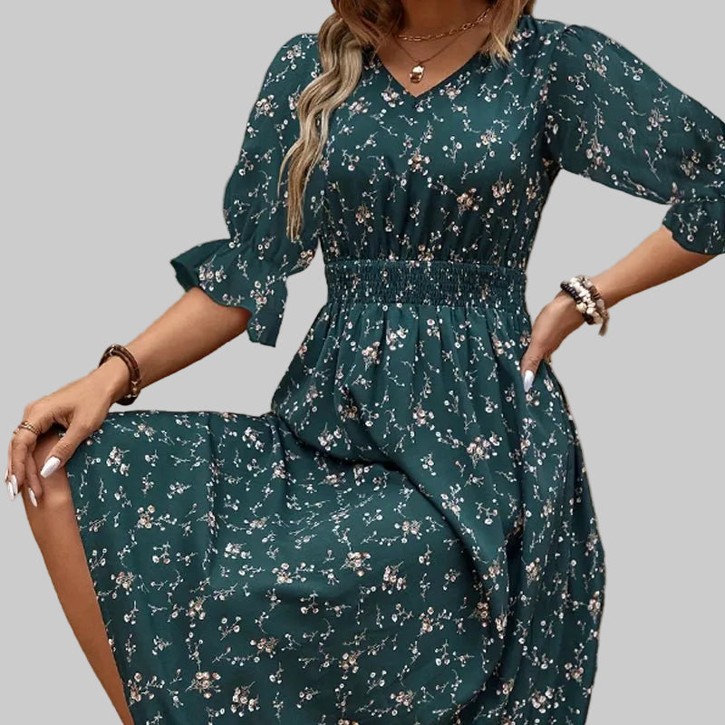 Mid Length Dress Waist Pullover Bohemian Printed Lantern Half Sleeve Floral Fragmented Flower Dress Beach Summer Green V Neck - PratSN