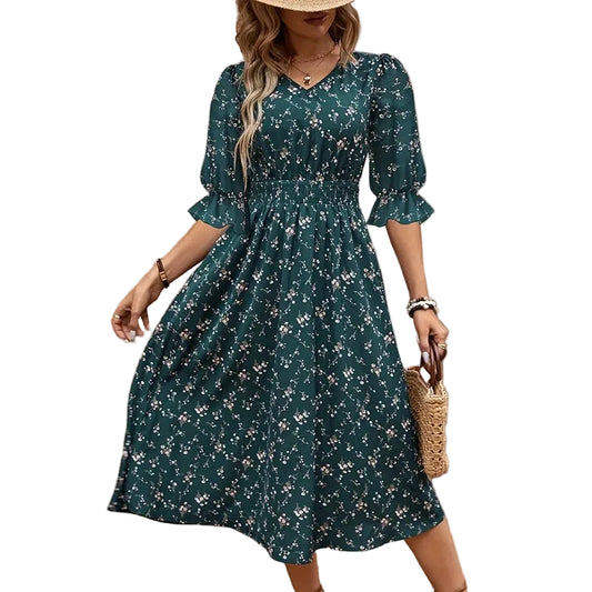 Mid Length Dress Waist Pullover Bohemian Printed Lantern Half Sleeve Floral Fragmented Flower Dress Beach Summer Green V Neck - PratSN