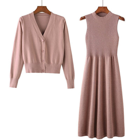 Mid - length Knitted Dress Suit Cardigan Woolen Skirt Two - piece Set - PratSN