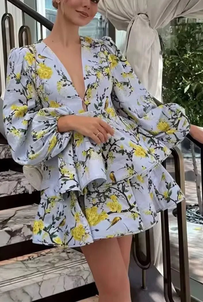 MYST&ZA Women's Clothing 2025 Summer New Fashion Holiday Style Linen Print V - neck Lantern Sleeve Short Dress - PratSN