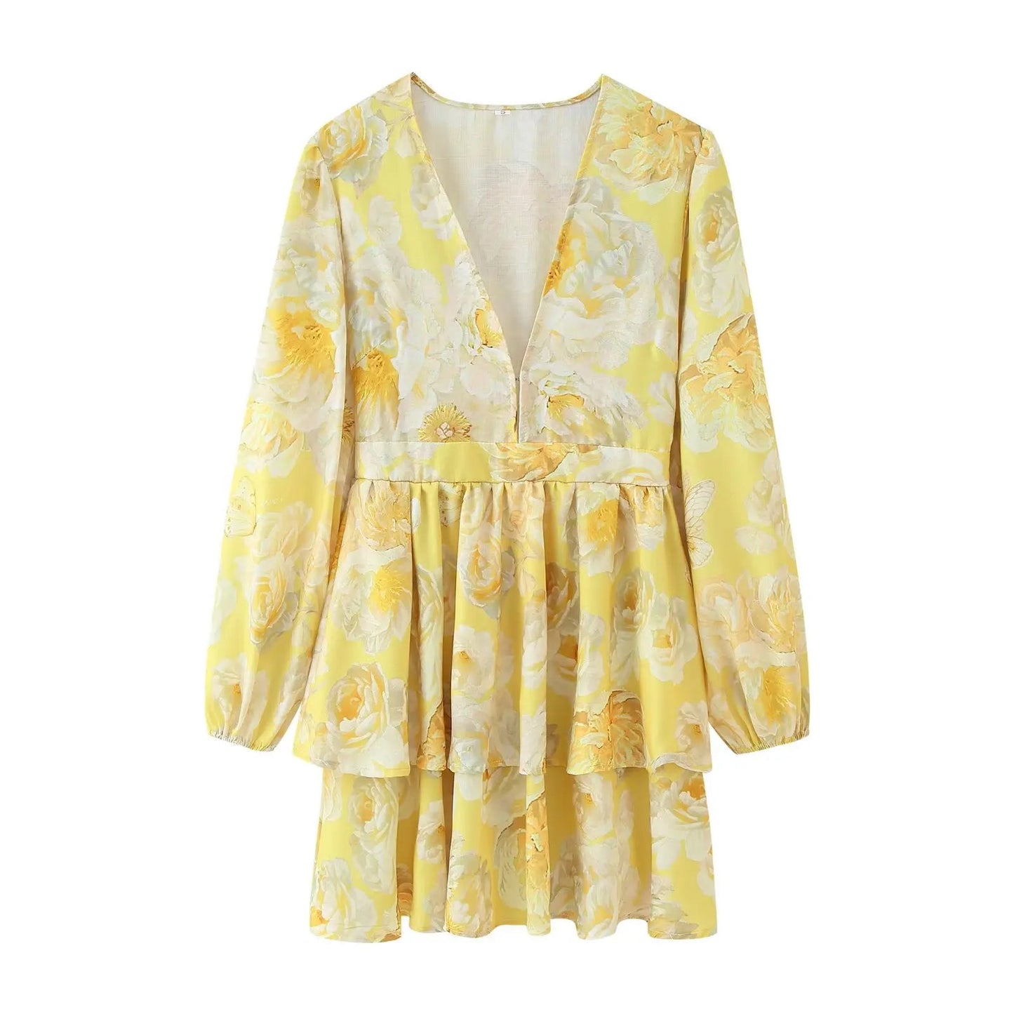 MYST&ZA Women's Clothing 2025 Summer New Fashion Holiday Style Linen Print V - neck Lantern Sleeve Short Dress - PratSN