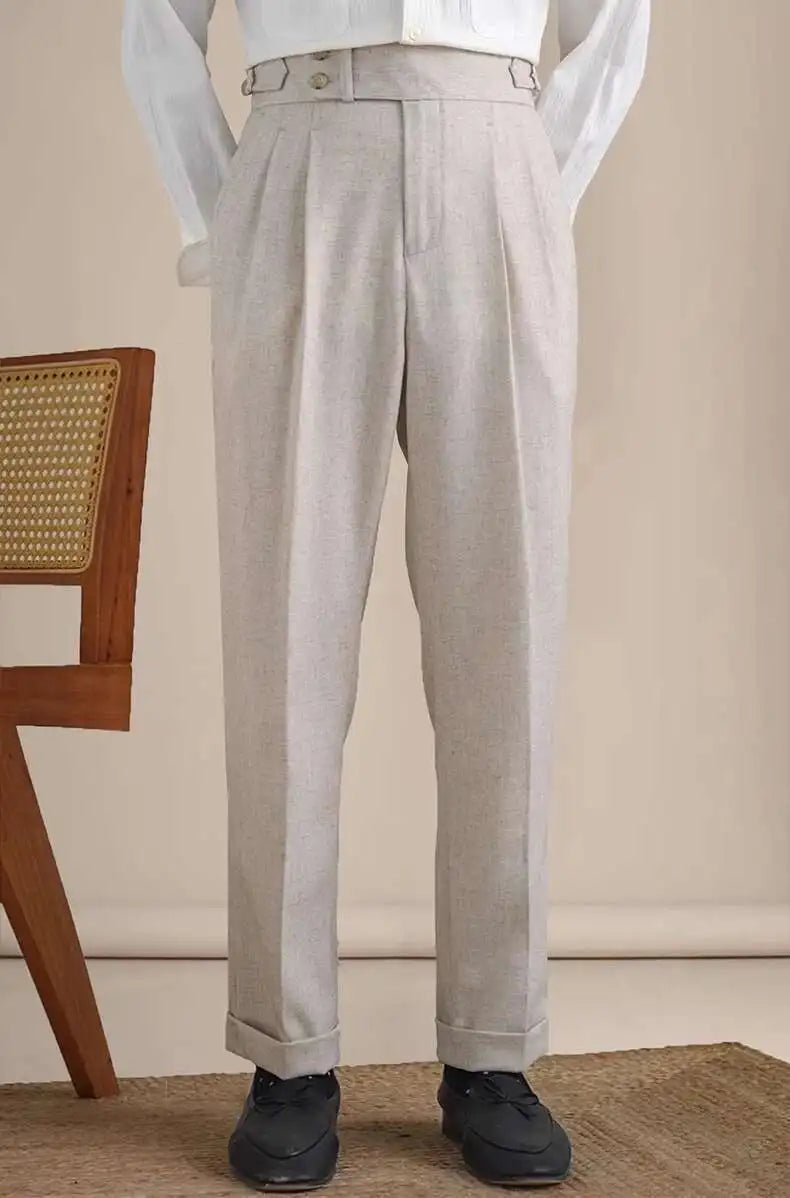 Naples Double Fold High Waist Linen Suit Pants For Men Summer Breathable Straight Leg Office Trousers Men Pantalon Costume Homme - PratSN