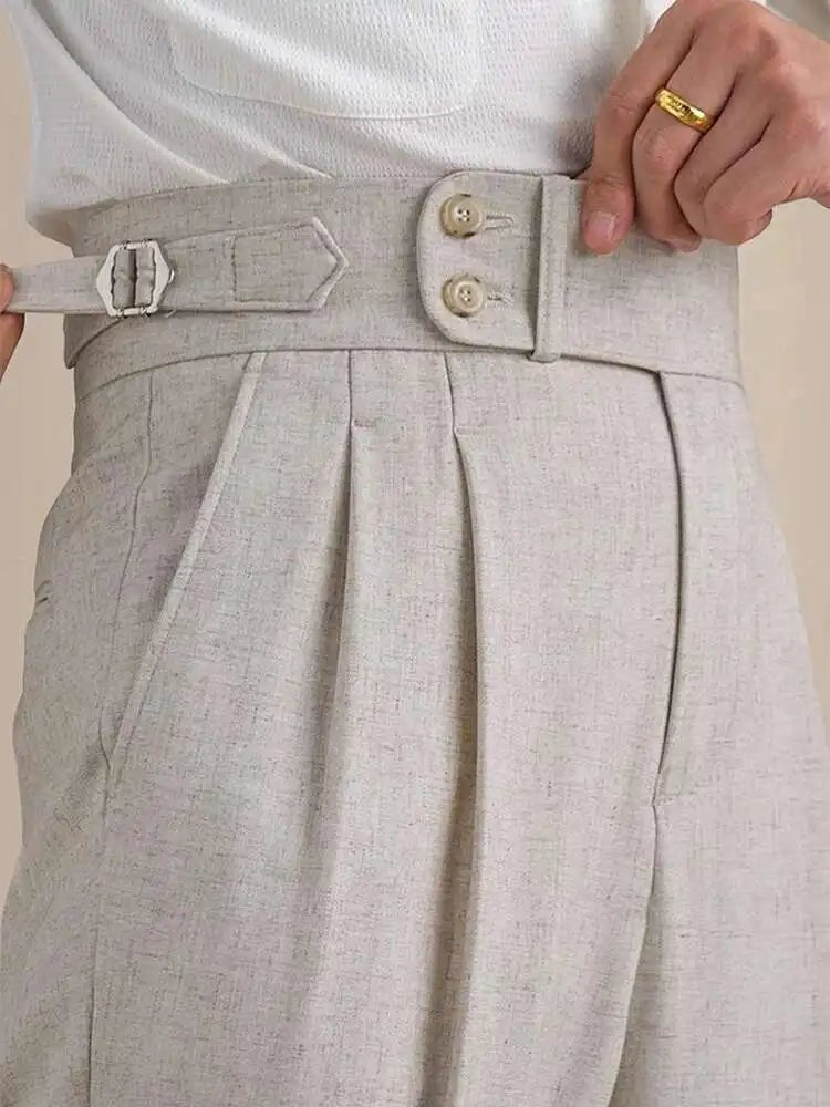 Naples Double Fold High Waist Linen Suit Pants For Men Summer Breathable Straight Leg Office Trousers Men Pantalon Costume Homme - PratSN