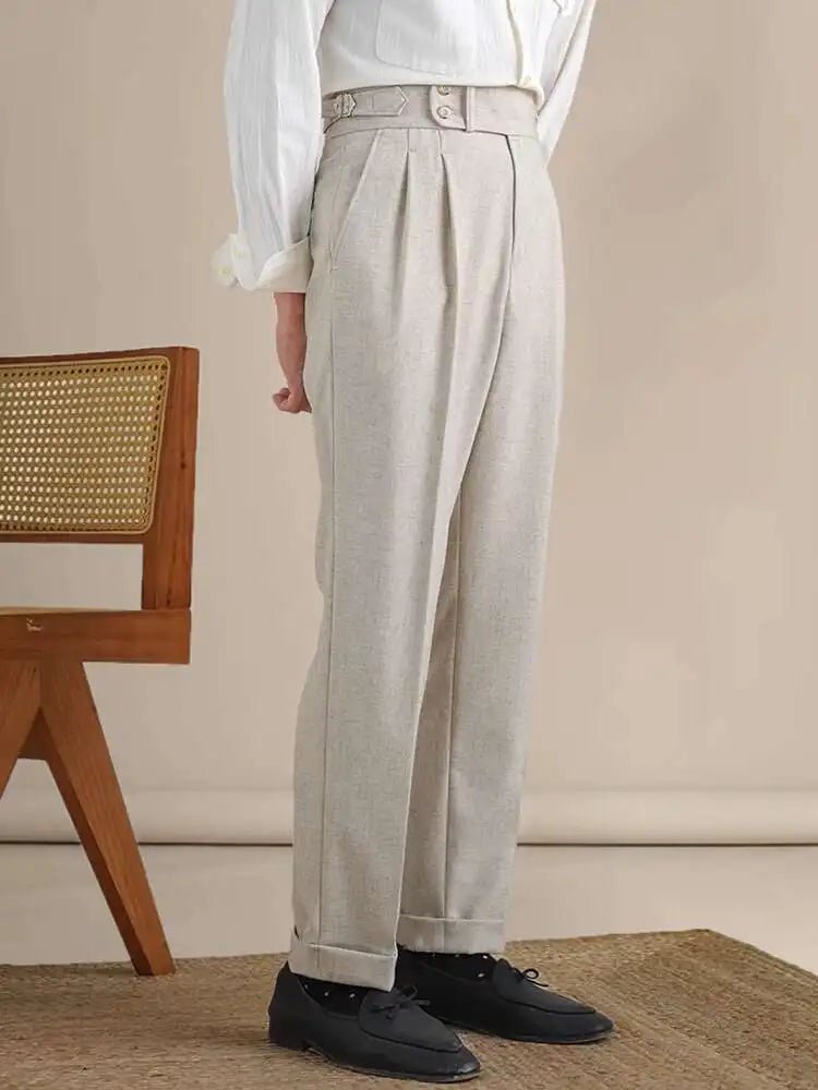 Naples Double Fold High Waist Linen Suit Pants For Men Summer Breathable Straight Leg Office Trousers Men Pantalon Costume Homme - PratSN