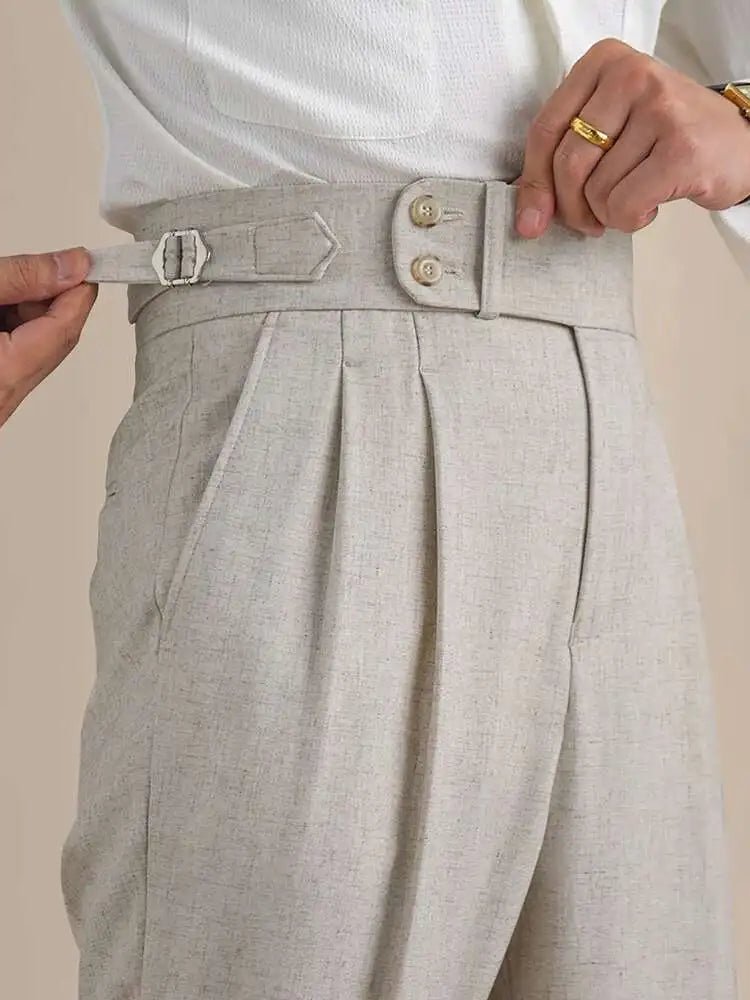 Naples Double Fold High Waist Linen Suit Pants For Men Summer Breathable Straight Leg Office Trousers Men Pantalon Costume Homme - PratSN