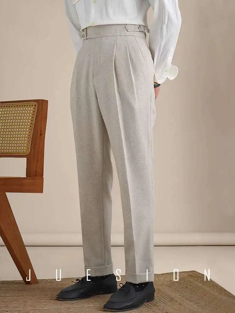 Naples Double Fold High Waist Linen Suit Pants For Men Summer Breathable Straight Leg Office Trousers Men Pantalon Costume Homme - PratSN
