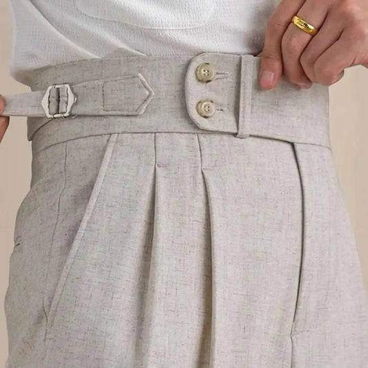 Naples Double Fold High Waist Linen Suit Pants For Men Summer Breathable Straight Leg Office Trousers Men Pantalon Costume Homme - PratSN