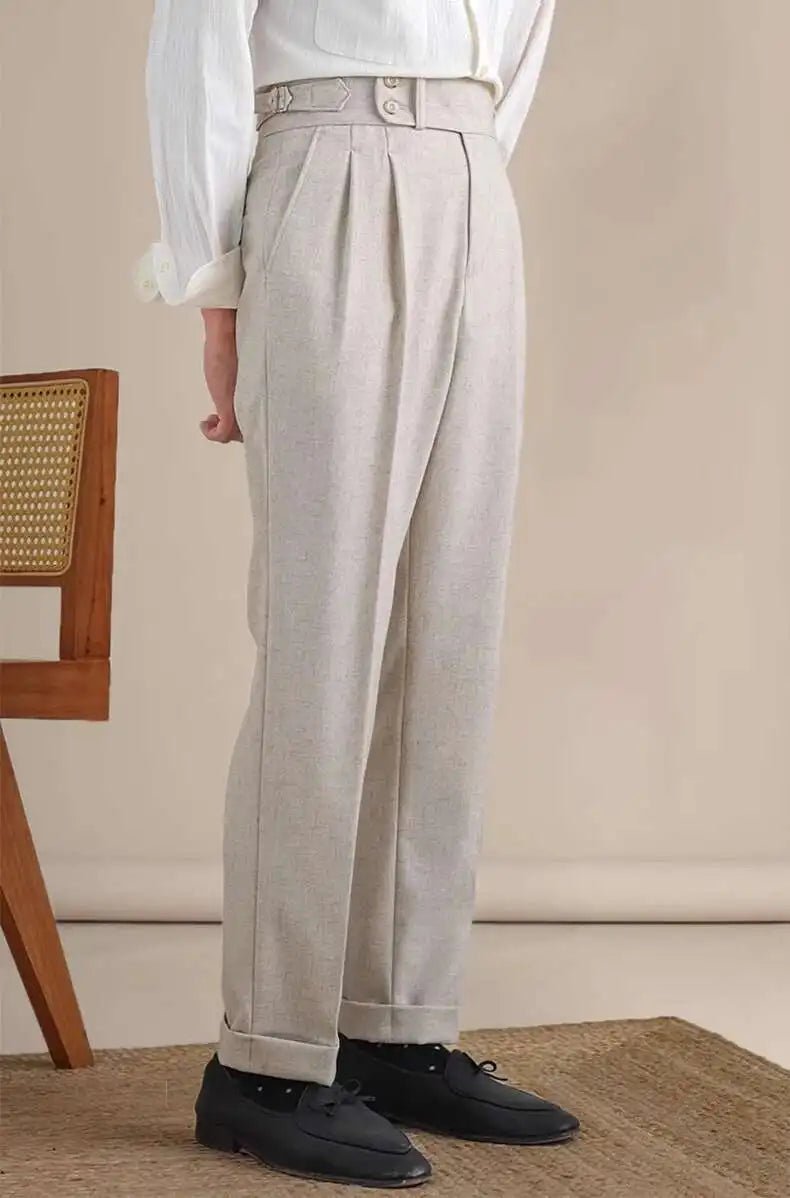Naples Double Fold High Waist Linen Suit Pants For Men Summer Breathable Straight Leg Office Trousers Men Pantalon Costume Homme - PratSN
