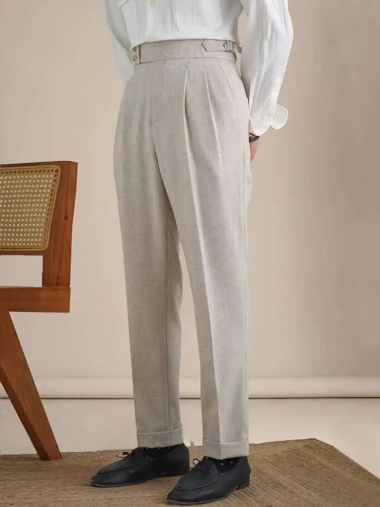 Naples Double Fold High Waist Linen Suit Pants For Men Summer Breathable Straight Leg Office Trousers Men Pantalon Costume Homme - PratSN