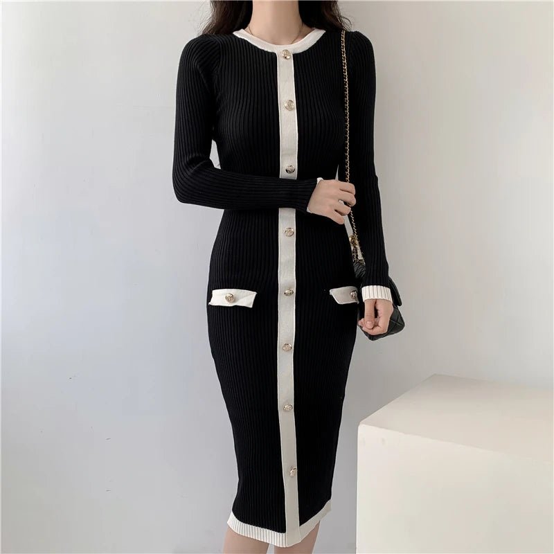 New 2024 Autumn Winter Sweater Dress Women Long Sleeve Slim Knitted Dresses Black Color Midi Dress Patchwork Color Elegant Dress - PratSN