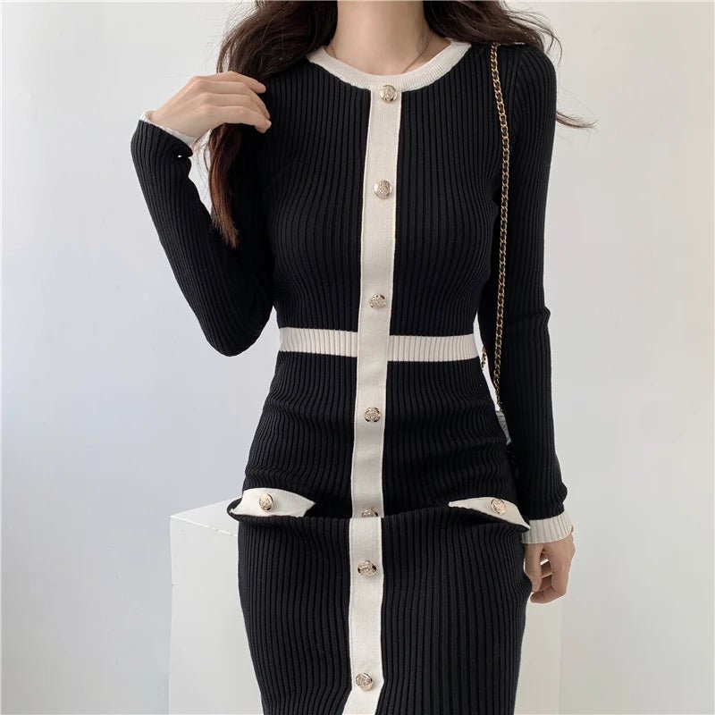 New 2024 Autumn Winter Sweater Dress Women Long Sleeve Slim Knitted Dresses Black Color Midi Dress Patchwork Color Elegant Dress - PratSN