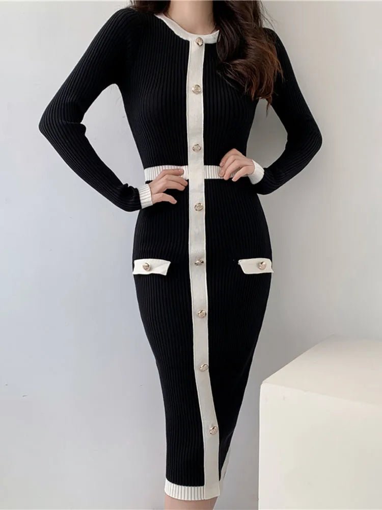 New 2024 Autumn Winter Sweater Dress Women Long Sleeve Slim Knitted Dresses Black Color Midi Dress Patchwork Color Elegant Dress - PratSN