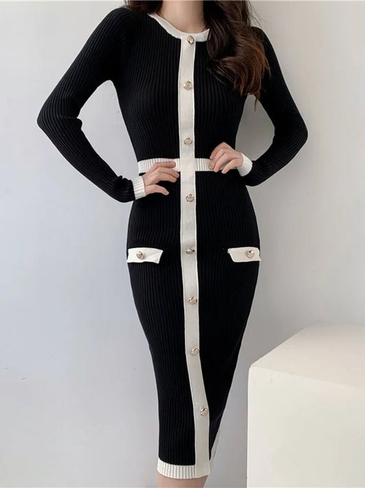 New 2024 Autumn Winter Sweater Dress Women Long Sleeve Slim Knitted Dresses Black Color Midi Dress Patchwork Color Elegant Dress - PratSN
