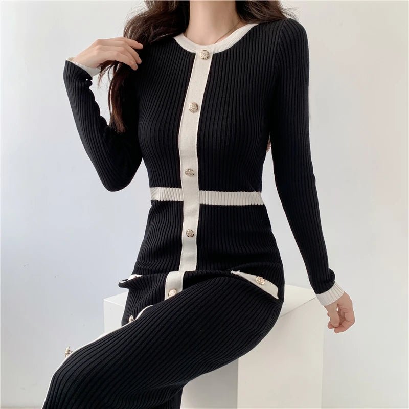 New 2024 Autumn Winter Sweater Dress Women Long Sleeve Slim Knitted Dresses Black Color Midi Dress Patchwork Color Elegant Dress - PratSN