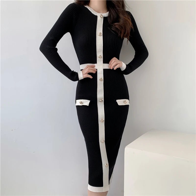 New 2024 Autumn Winter Sweater Dress Women Long Sleeve Slim Knitted Dresses Black Color Midi Dress Patchwork Color Elegant Dress - PratSN