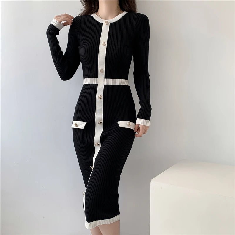 New 2024 Autumn Winter Sweater Dress Women Long Sleeve Slim Knitted Dresses Black Color Midi Dress Patchwork Color Elegant Dress - PratSN