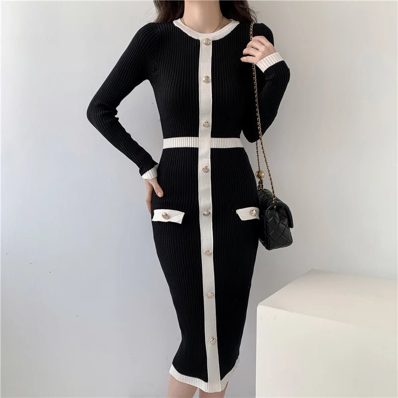 New 2024 Autumn Winter Sweater Dress Women Long Sleeve Slim Knitted Dresses Black Color Midi Dress Patchwork Color Elegant Dress - PratSN
