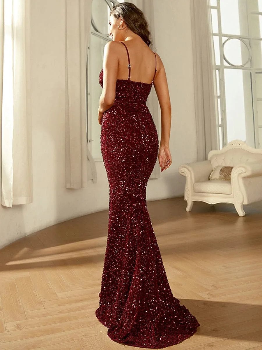 New 2025 Spring Summer Glitter V - neck Wrap Bodycon Long Dress Midi Waist Bell Sleeve Evening Gown Elegant Commute Style - PratSN