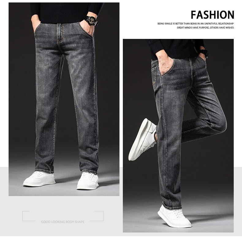 New Autumn and Winter Plus Size 40 42 44 Men Straight Loose Jeans Business Fashion Denim Stretch Pants Male Brand Trousers - PratSN