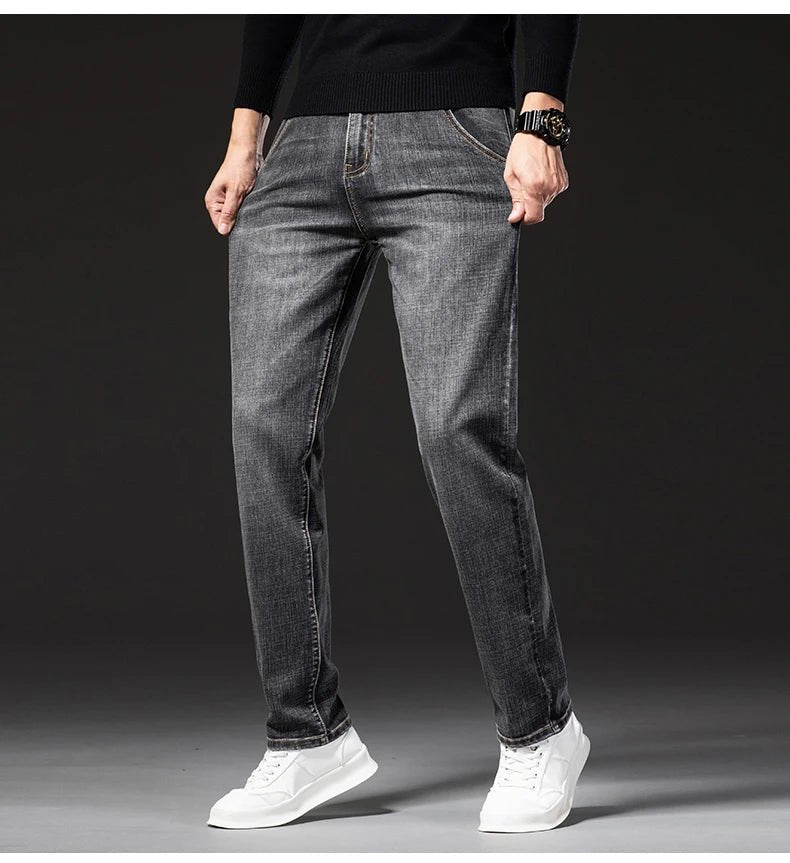 New Autumn and Winter Plus Size 40 42 44 Men Straight Loose Jeans Business Fashion Denim Stretch Pants Male Brand Trousers - PratSN