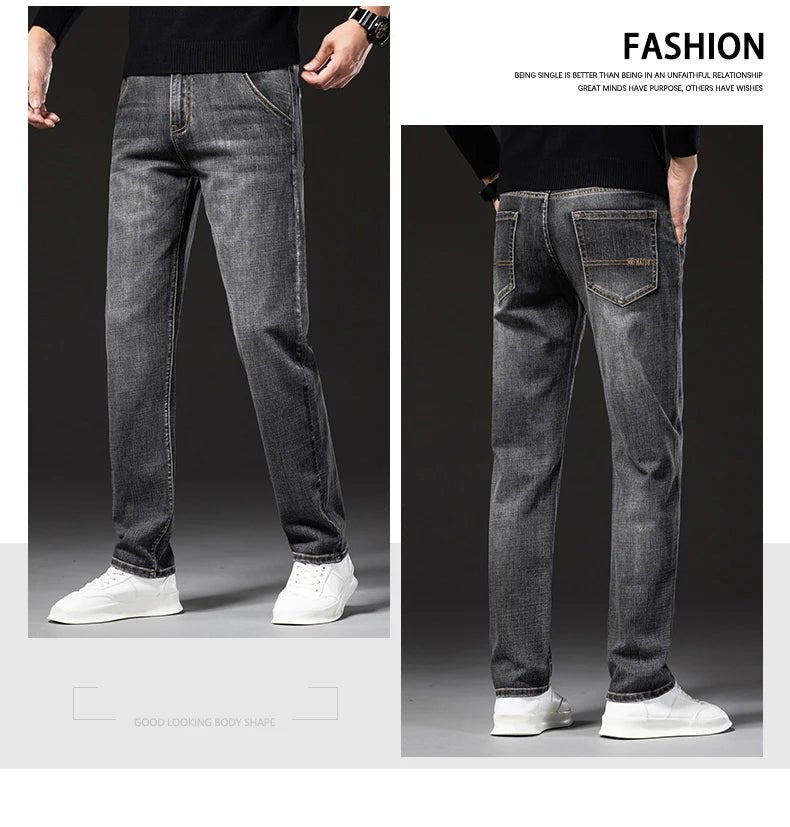 New Autumn and Winter Plus Size 40 42 44 Men Straight Loose Jeans Business Fashion Denim Stretch Pants Male Brand Trousers - PratSN