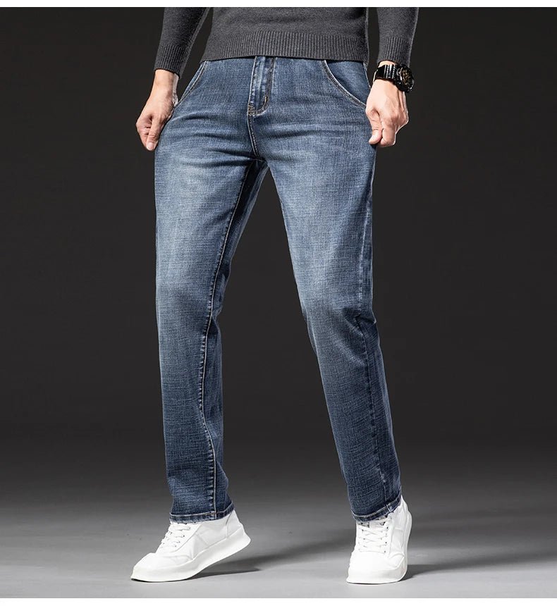 New Autumn and Winter Plus Size 40 42 44 Men Straight Loose Jeans Business Fashion Denim Stretch Pants Male Brand Trousers - PratSN