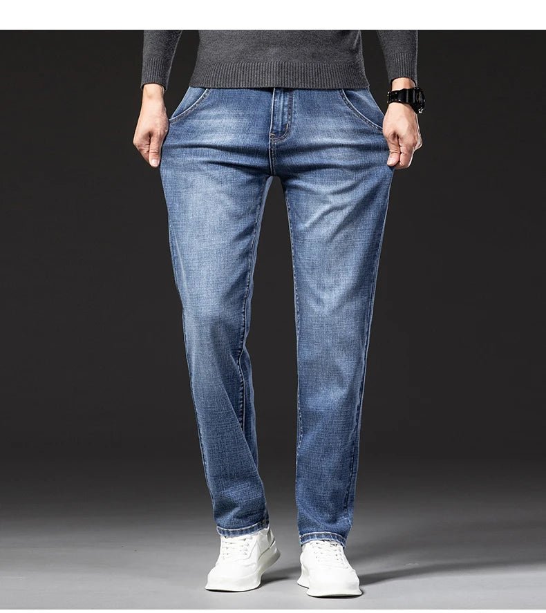 New Autumn and Winter Plus Size 40 42 44 Men Straight Loose Jeans Business Fashion Denim Stretch Pants Male Brand Trousers - PratSN