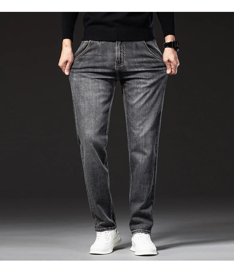 New Autumn and Winter Plus Size 40 42 44 Men Straight Loose Jeans Business Fashion Denim Stretch Pants Male Brand Trousers - PratSN