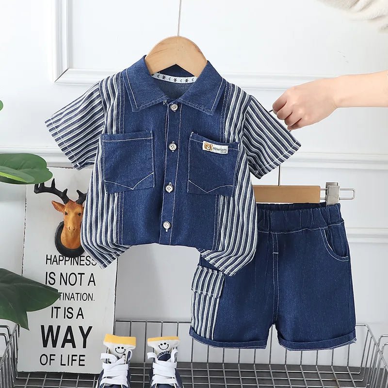 New Children Fashion Boys Denim Clothing Sets Casual Striped Shirts Shorts 2pcs Kids Outdoor Suit Toddler Suit 0 - 5 Years - PratSN