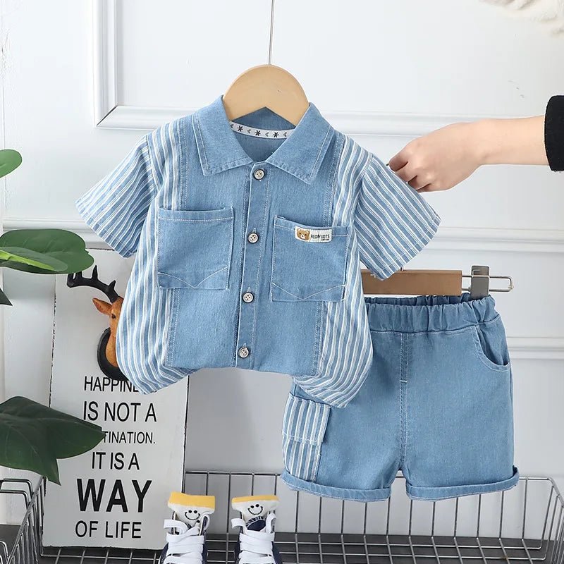 New Children Fashion Boys Denim Clothing Sets Casual Striped Shirts Shorts 2pcs Kids Outdoor Suit Toddler Suit 0 - 5 Years - PratSN